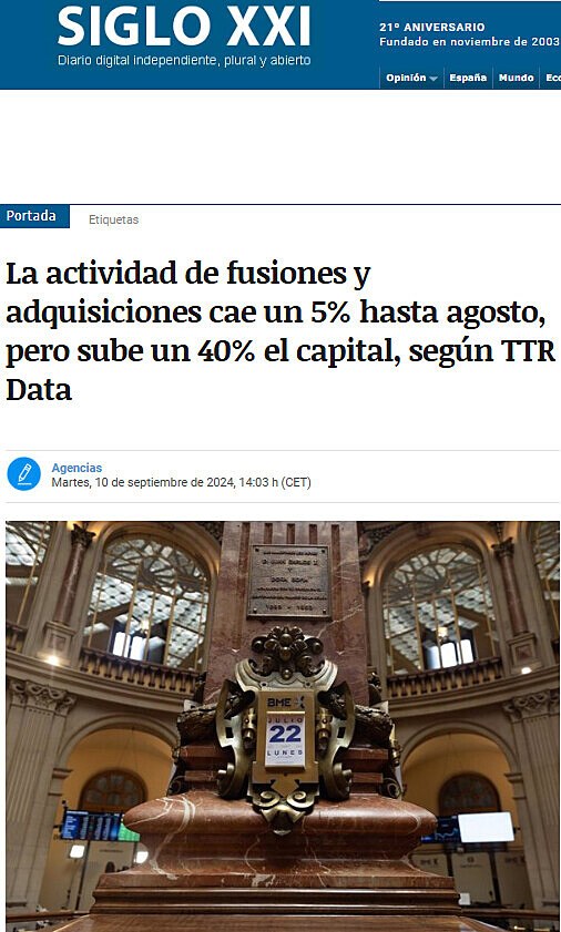 La actividad de fusiones y adquisiciones cae un 5% hasta agosto, pero sube un 40% el capital, segn TTR Data